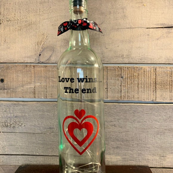 Hand Crafted- ‘Love Wins..’Red fairy light wine bottle lantern with die cut logo - Picture 1 of 9